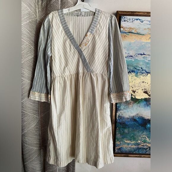 MADEWELL V-Neck Mini Dress Size Medium Beige Striped 100% Cotton Natural Pockets - Picture 2 of 12